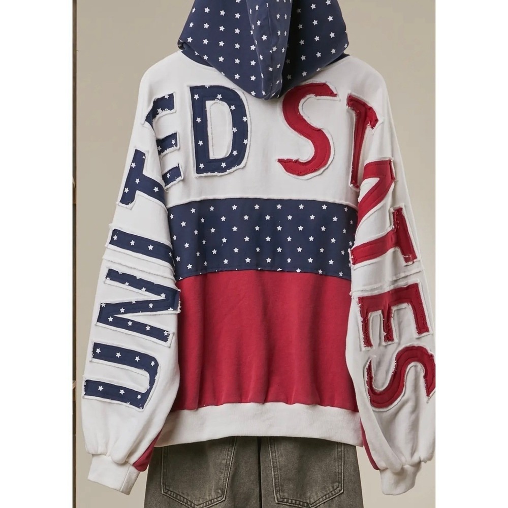 United States Red White Blue USA Flag Oversized Zip Up Hoodie Size S - Picture 2 of 12